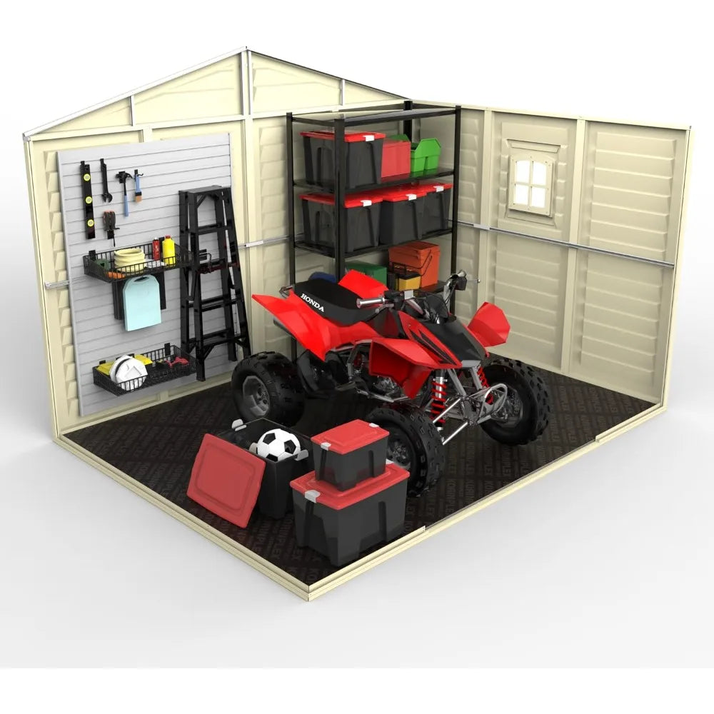 Duramax Woodbridge Plus 10.5 x 8 (8.02 m2) Plastic Garden Shed with 1 Fixed Window & Metal Foundation Kit, Strong Metal Roof Str