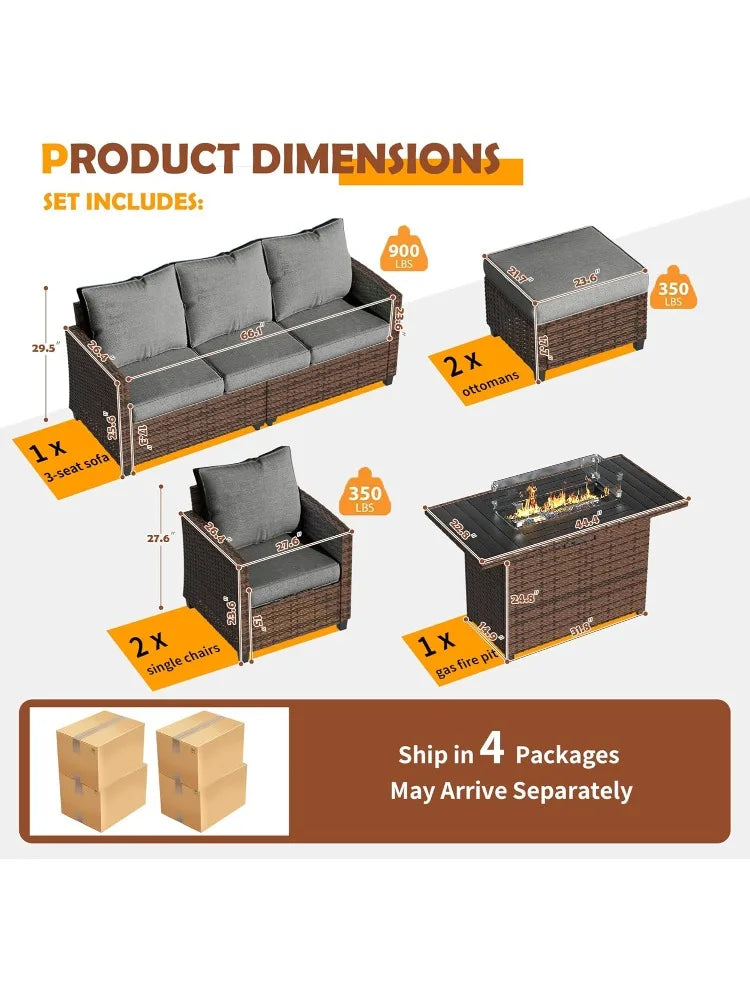 Outdoor Patio Furniture Set with 44" Fire Pit Table, 6 Pieces Sectional Conversation Sets, All-Weather Wicker Rattan Sof