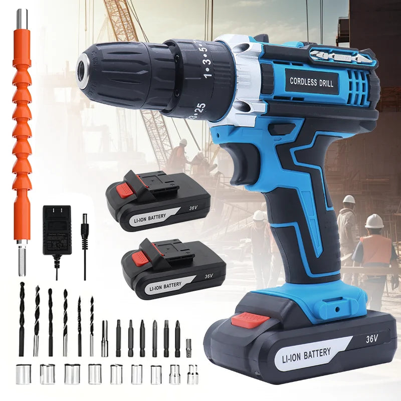 36VF Drill Combination Kit, 2 Batteries And A Fast Charger And Portable Housing With Work Lights, 2 Speed Adjustable