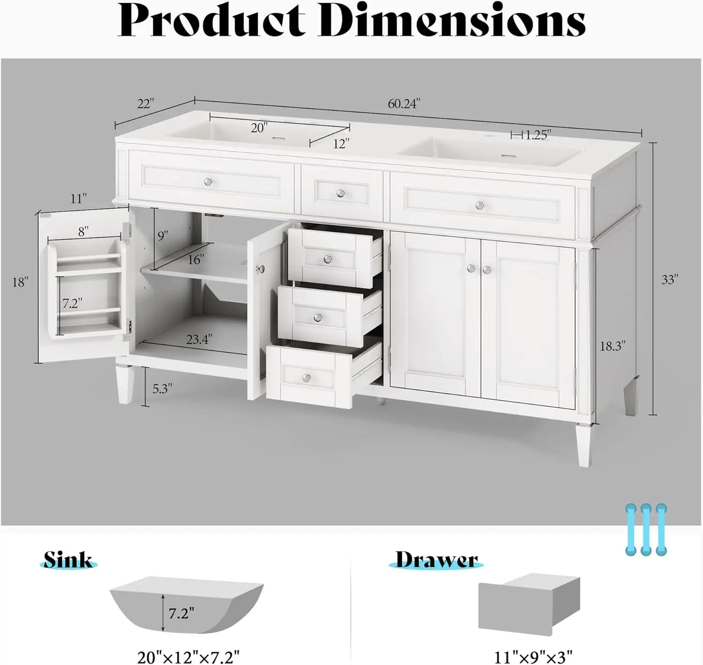 60″ Bathroom Vanity with Sink Combo, Solid Wood Vanity Cabinet with 3 Storage Drawers & Adjustable Shelves, White