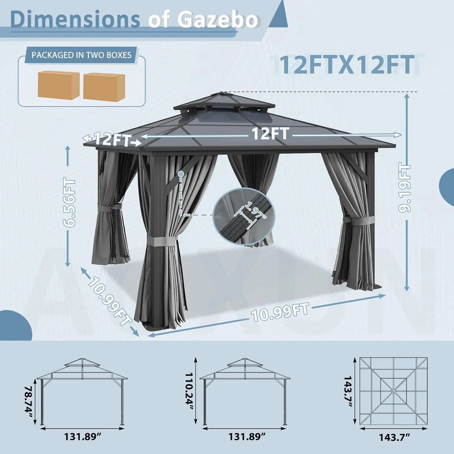 12'x12' Hardtop Gazebo, Permanent Aluminum-Framed Pavilion with Curtains & Mesh Screens, Featuring a Double-Layered