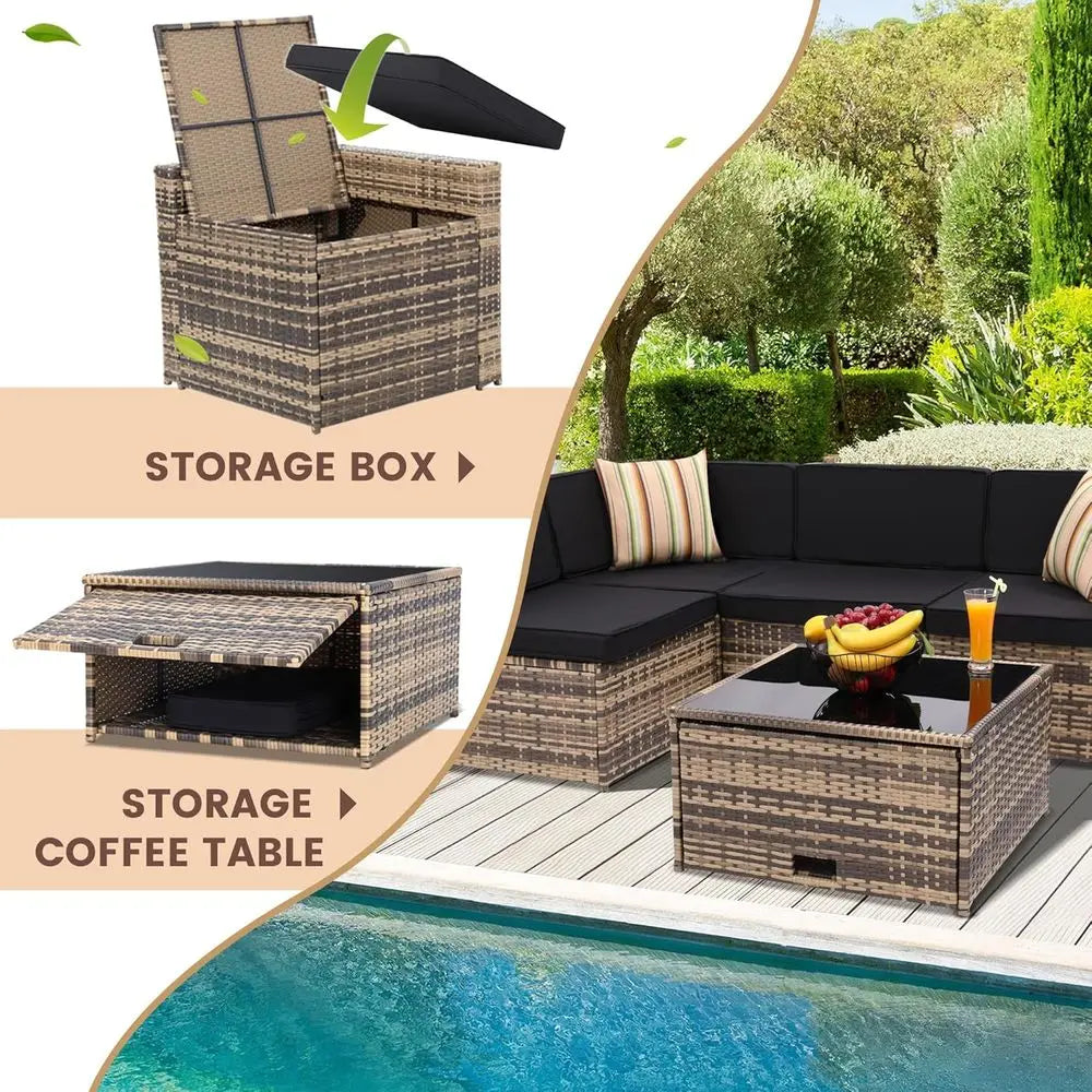 8-Piece Patio urniture Set, Outdoor Wicker Rattan Sectional with Thick Cushions, Glass Top Table with Hidden Storage, Outdoor Co