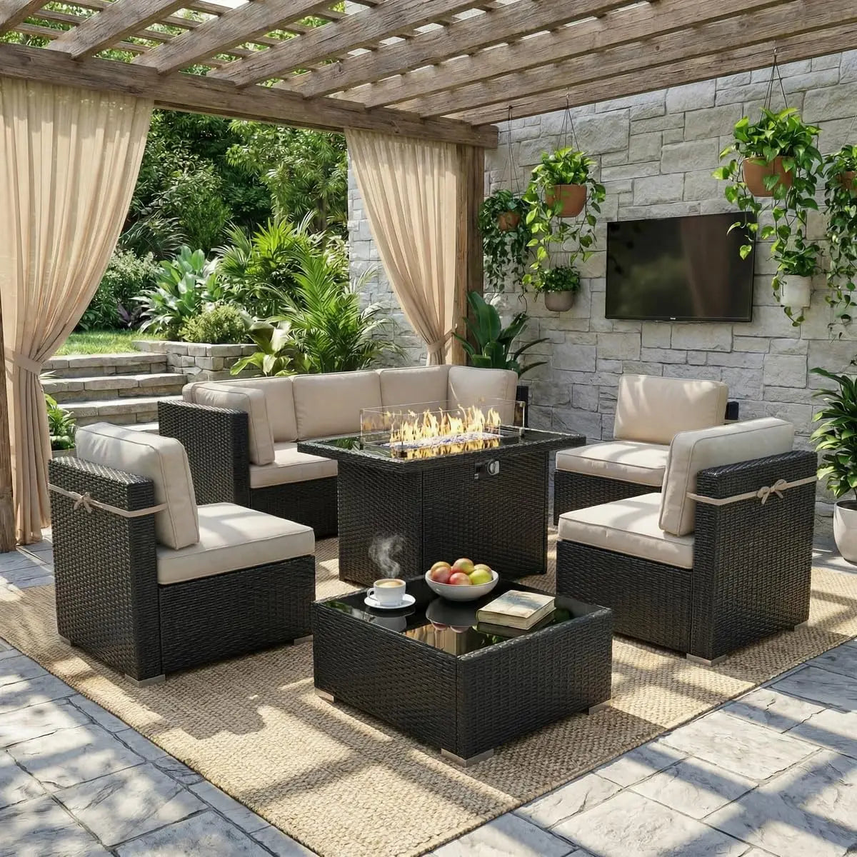 8 Piece Patio Furniture Set with Fire Pit Table, Outdoor Conversation Sets Wicker Rattan Sectional Sofa with Coffee, Custom