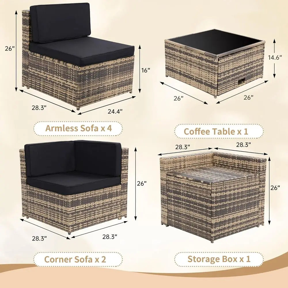 8-Piece Patio urniture Set, Outdoor Wicker Rattan Sectional with Thick Cushions, Glass Top Table with Hidden Storage, Outdoor Co