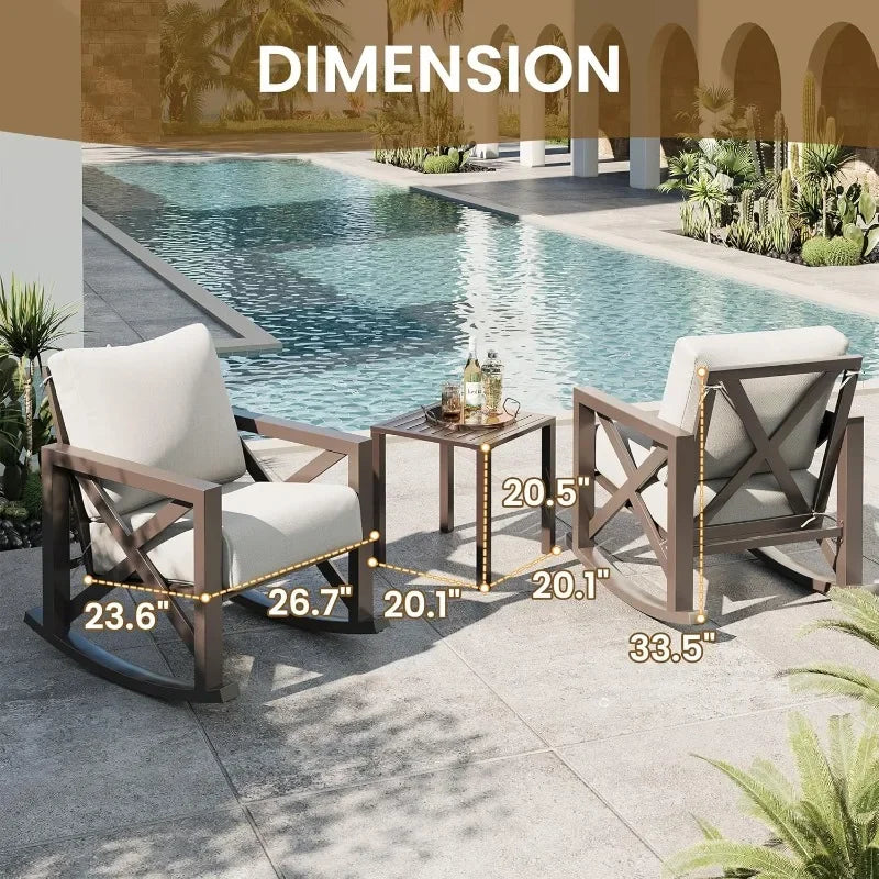 UDPATIO Rocking Chair Outdoor Set 2 with Coffee Table, 3 Piece Metal Rocking Bistro Set with 6.5" Water-Resistant Cushions