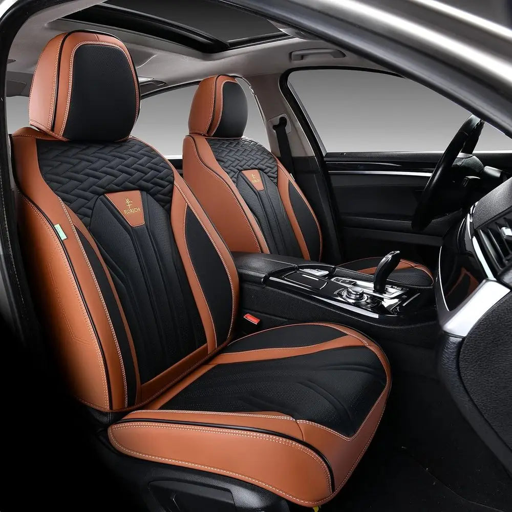 Seat Covers Full Set, Car Seat Protectors 5 Seats, Automotive Seat Covers Fit for Most Cars Trucks-Brown&Black