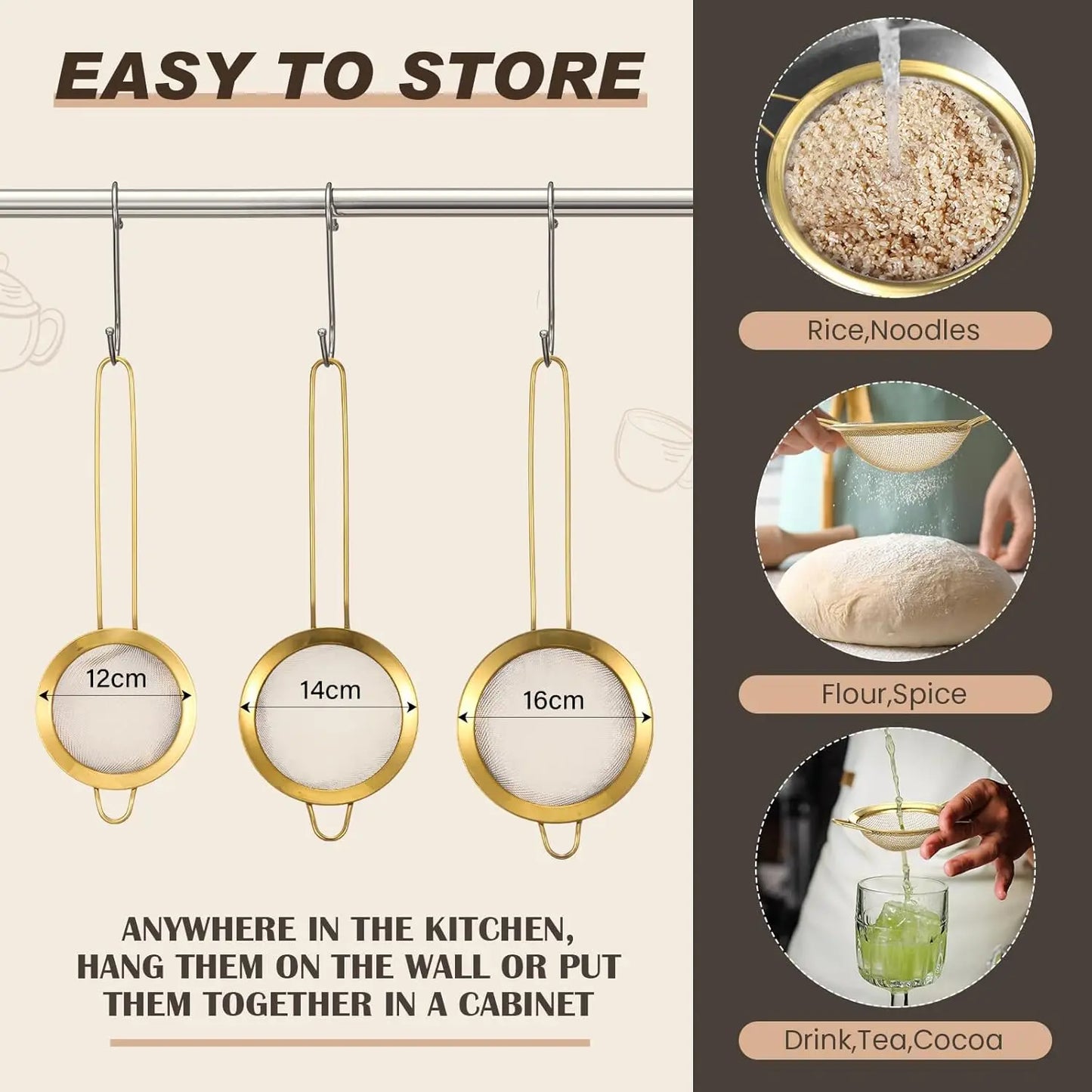 4 Pcs Gold Kitchen Accessories Includes Stainless Steel Colander and 3 Pcs Gold Fine Mesh Strainer Essential Kitchen Col