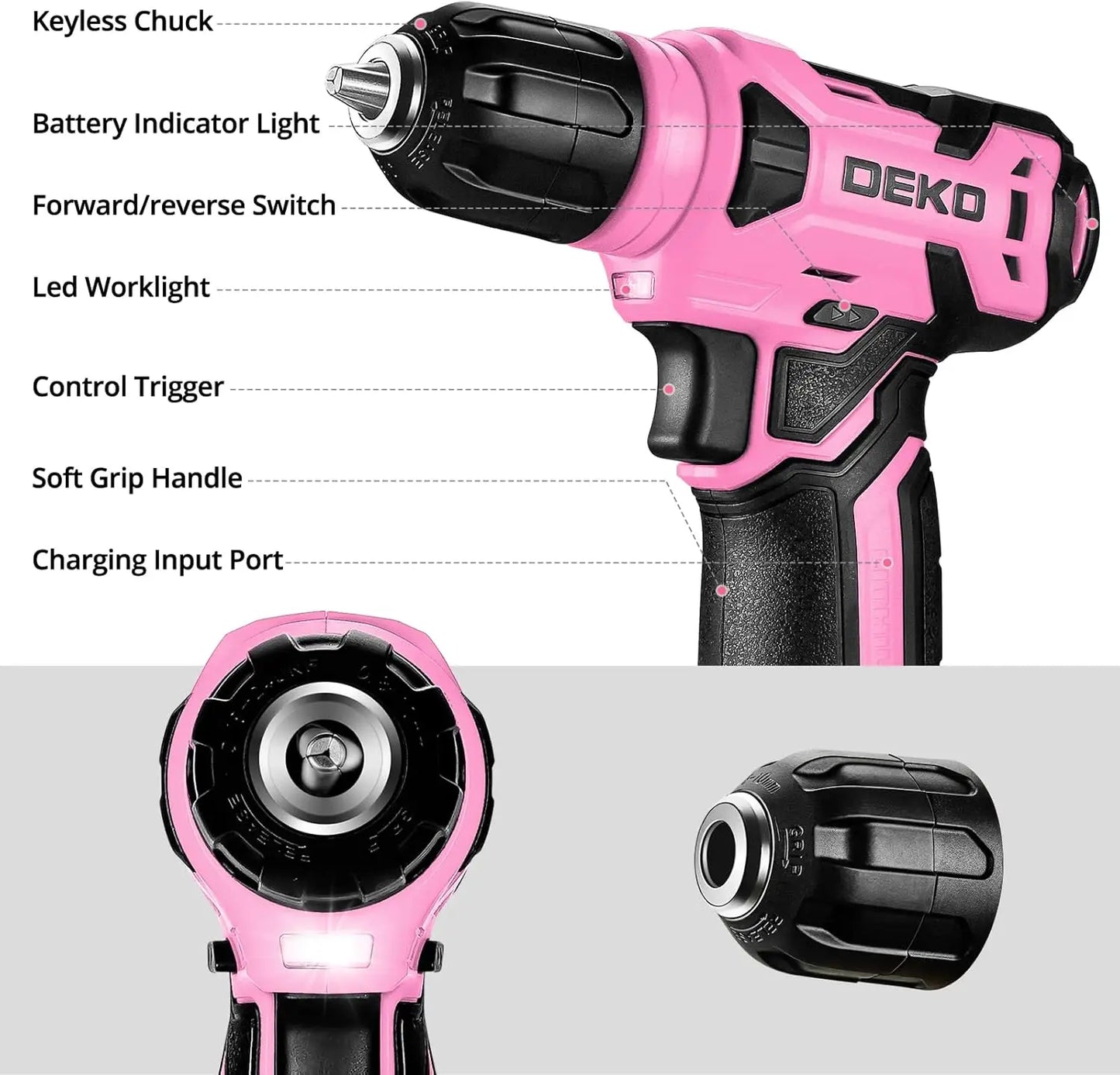 8V Pink Cordless Drill Set, 126-Piece Home Tool Kit for Women, with LED Light and Rechargeable Battery
