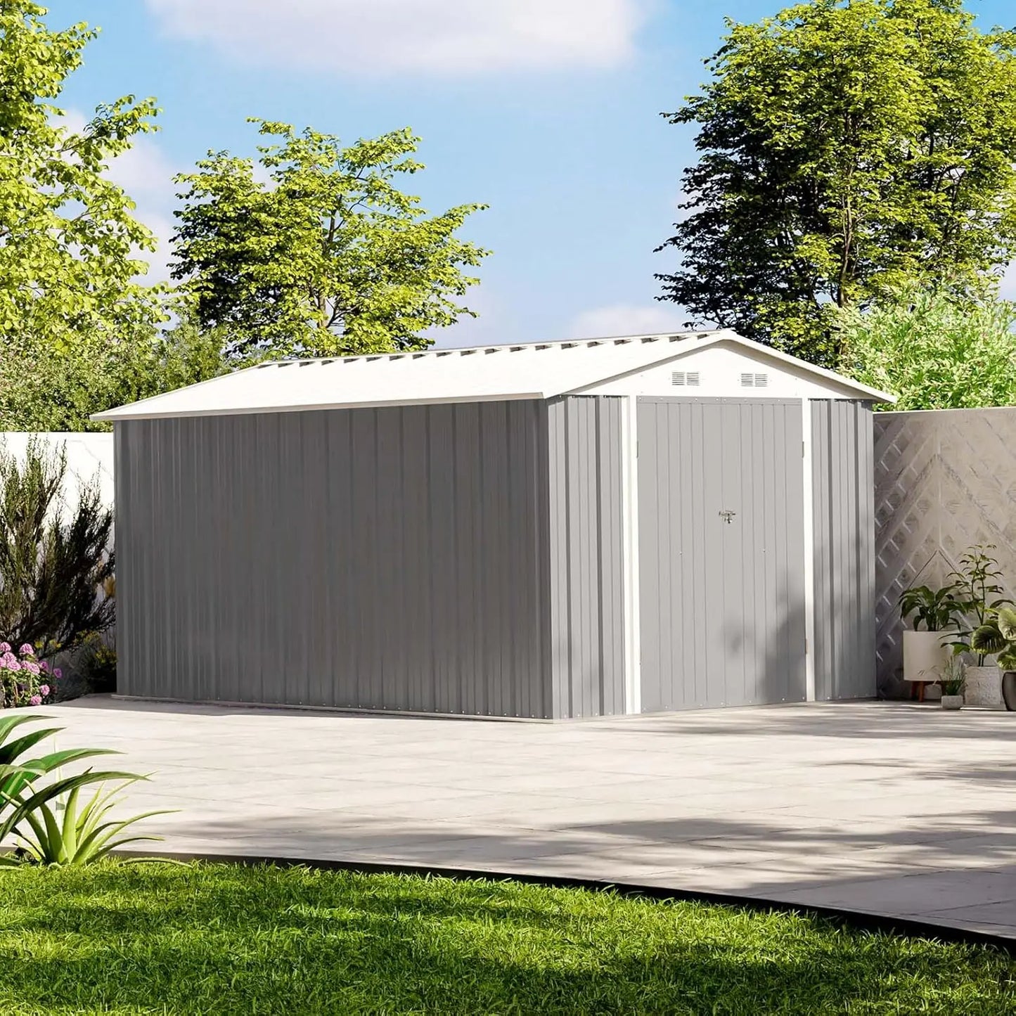 12x8 FT Outdoor Metal Storage Shed Lockable Door Tool Garden Backyard Patio Gray, Custom