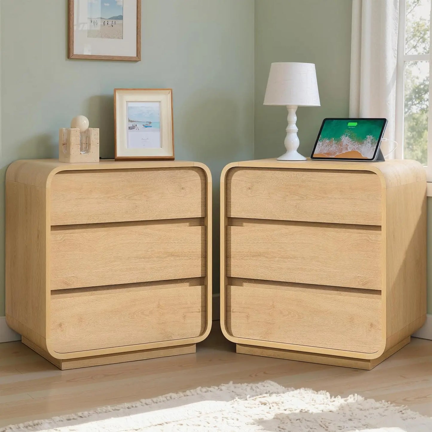 Walnut Curved Nightstand Set of 2, 23.2" Wide Wood Bedside Table with Charging Station, 3 Storage Drawers Night, Customized