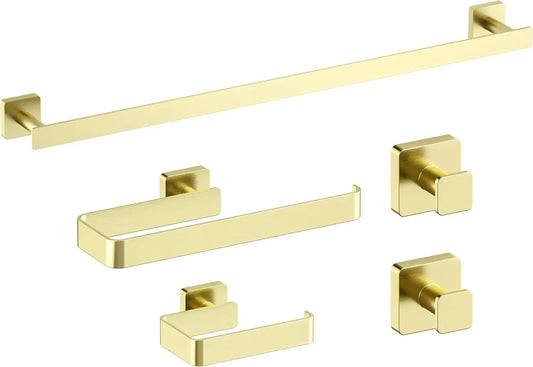 5pc Bathroom Hardware Set Towel Bar Ring Paper Holder Double Hook Brass Wall Mount Rust-Resistant Gold, Customized