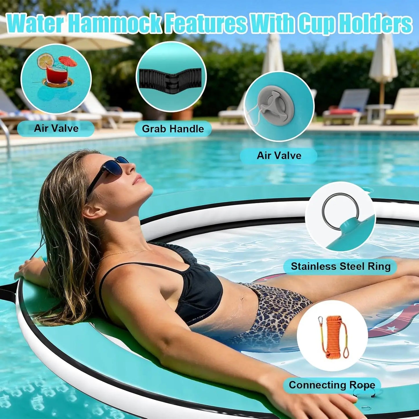 Sunchill Float Ring with 6 Cup Holders, Inflatable Water Hammock Heavy Duty Lake Floats for Adults Party, Round, Custom