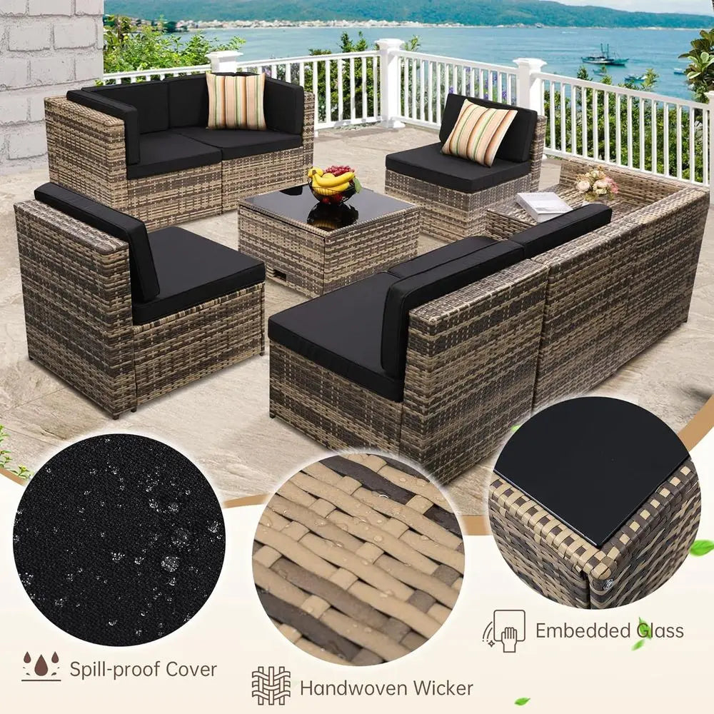 8-Piece Patio urniture Set, Outdoor Wicker Rattan Sectional with Thick Cushions, Glass Top Table with Hidden Storage, Outdoor Co