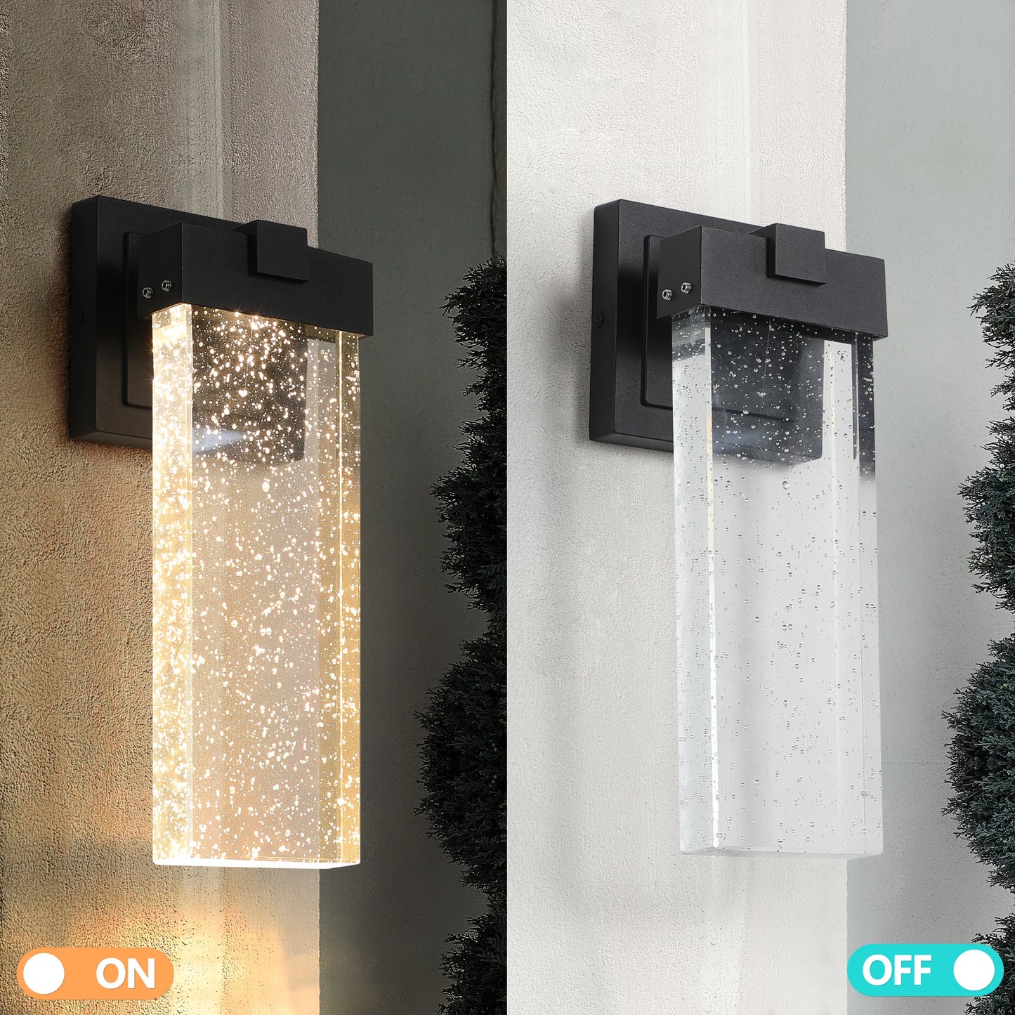 2 pack Modern outdoor wall light with light sensing, black LED wall light with bubble glass, waterproof external lighting