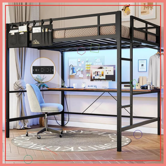 Full Size Loft Bed with Desk, LED Lights & Charging Station - Space Saving Black Metal Frame for Teens/Adults