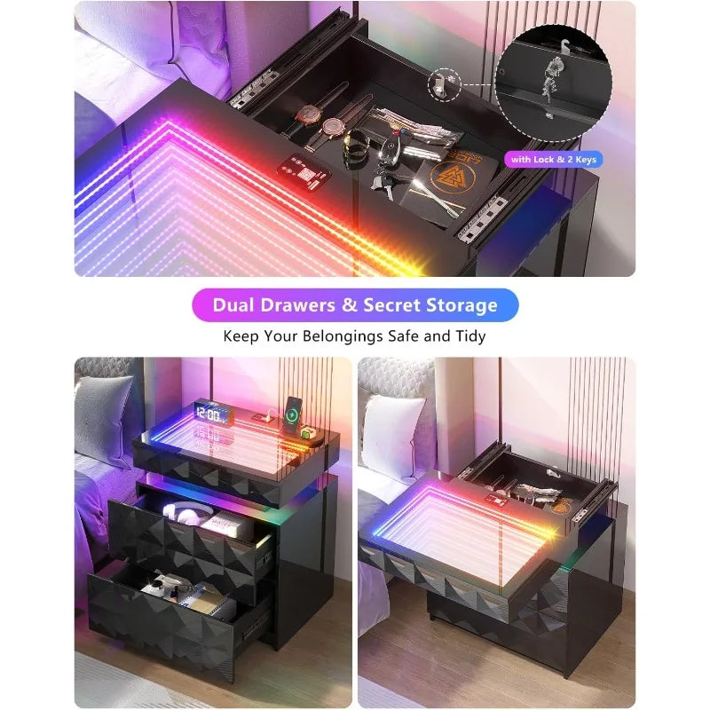 Dystler Night Stand with Charging Station and RGB Lights, LED Nightstand Tempered Glass and Sliding Top, 3 Drawers Bedside Table