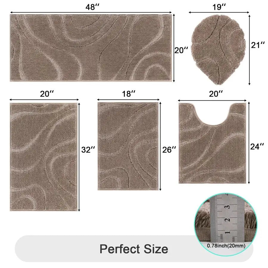 Bathroom Rugs Sets 5 Piece, Soft Absorbent Microfiber Bath Mat for Bathroom, Non Slip Washable Bath Rug Set with Toilet Cover, B