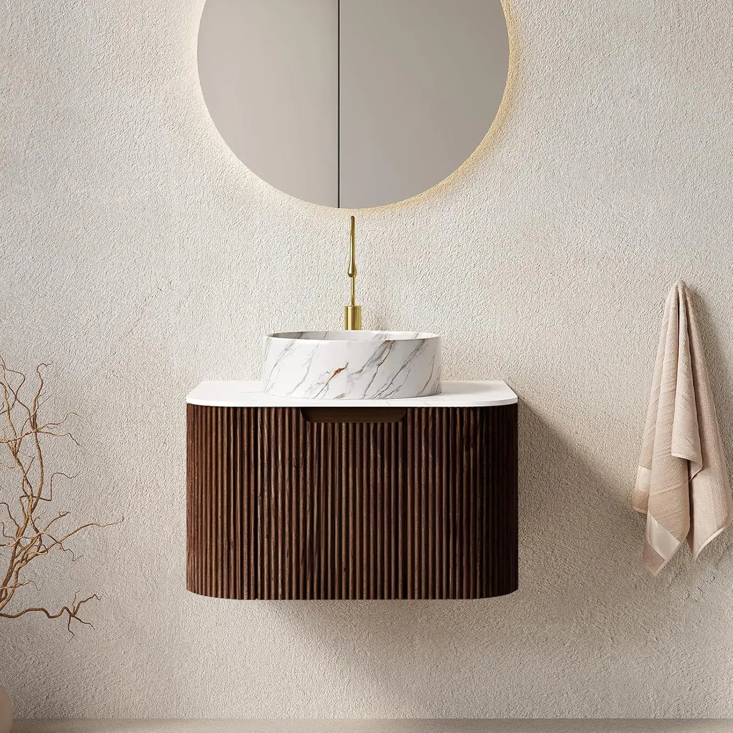 24 Inch Solid Wood Texture Floating Bathroom Vanity with Sink, Modern Wall-Mounted Striped Bathroom Storage Cabinet with White C