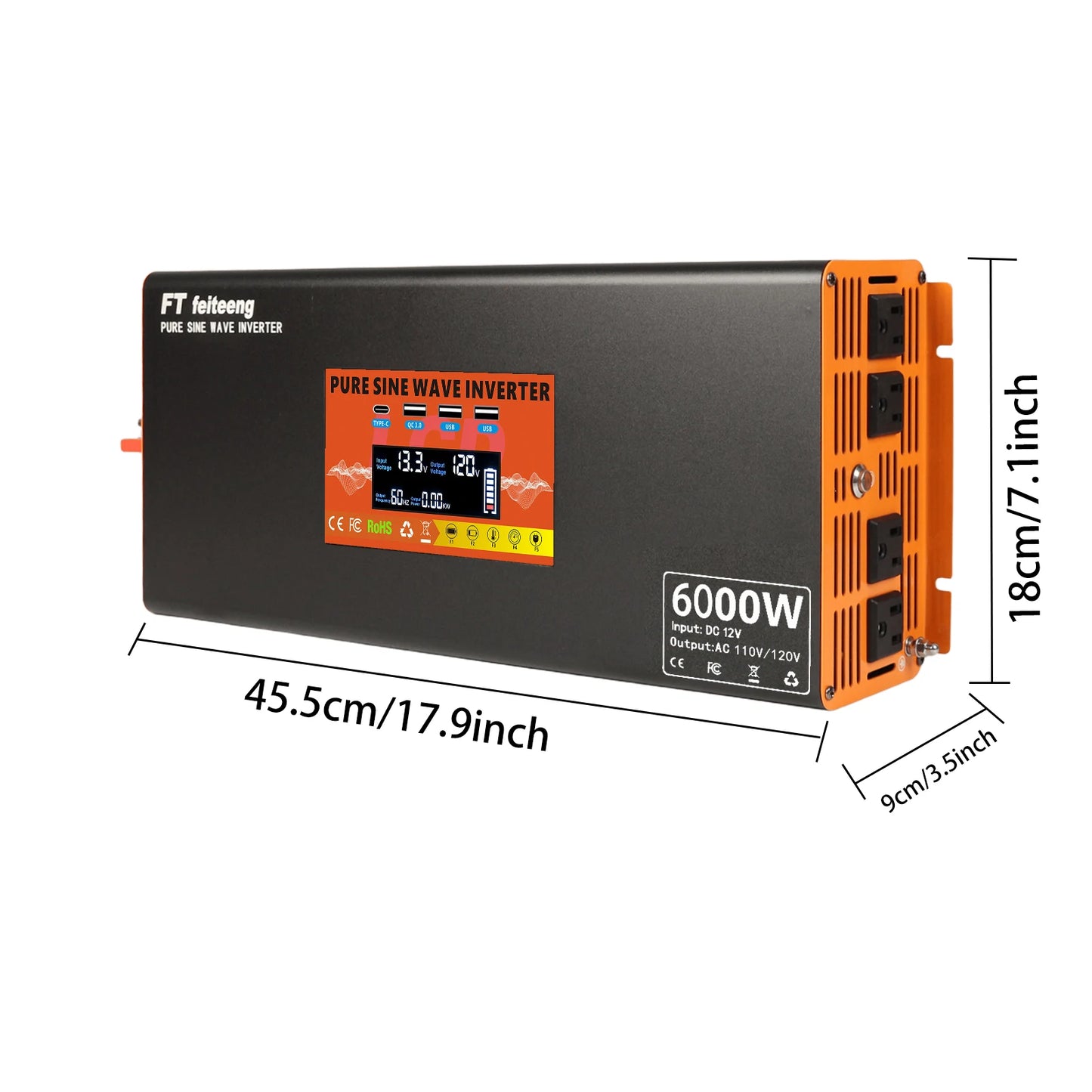 6000W Peak Pure Sine Wave Power Inverter 12V to 110V with US Plug Cables OVP for Car RV Solar CPAP Tools US Stock