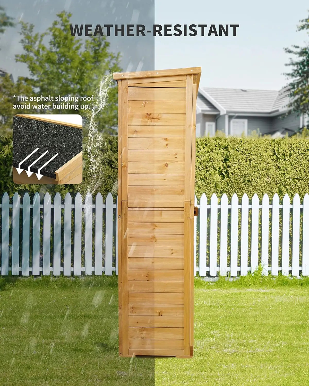 Outdoor Tall Wooden Storage Cabinet with 3 Shelves & Double Lock & Waterproof Roof for Yard Patio Lawn, Custom