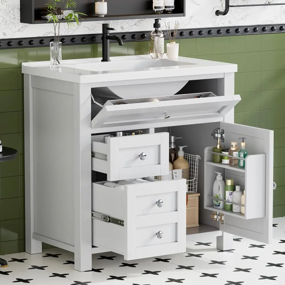 30-inch White Freestanding Bathroom Vanity with Single Sink, 2 Drawers, 1 Drop-Down Drawer, and Side Storage Cabinet