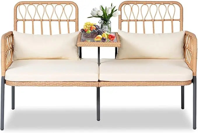 4 Piece Outdoor Wicker Patio Conversation Furniture Set, Rattan Chair Wicker Sofa Garden Conversation Sets with Cushion and Gla