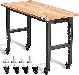 Garage Workbench, 48X22 Adjustable Workbench with Wheels and Leveling Foot, Rubber Wood Top Work Desk with Power Outlets