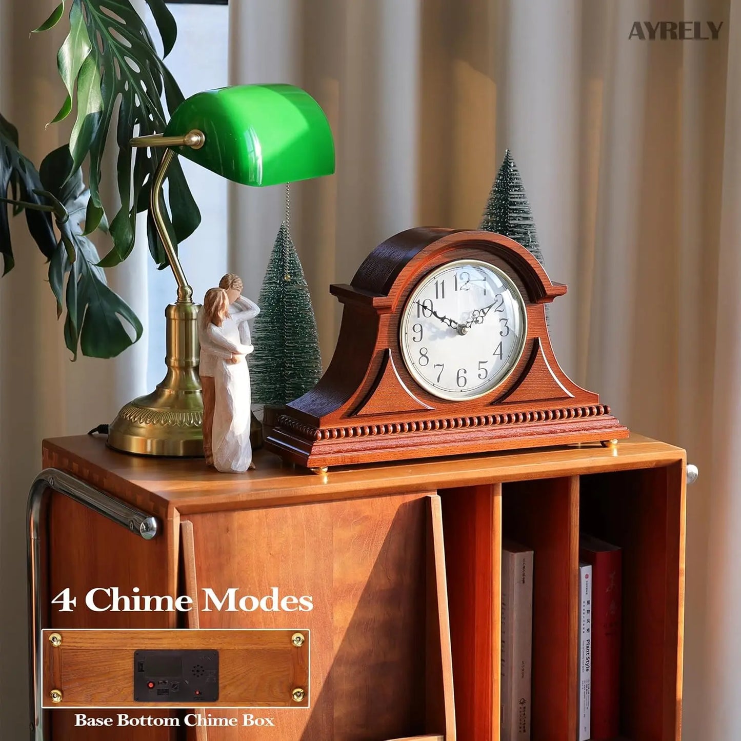 Vintage Desk Clock Wooden Frame Hour Quarter Chime Battery Operated Living Room Decor