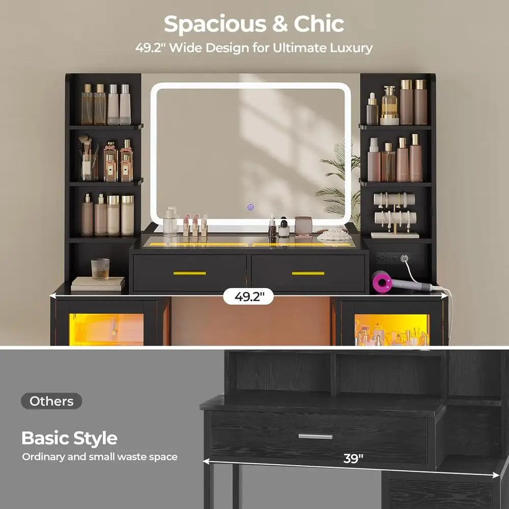 Makeup Vanity Set with Illuminated Mirror, RGB Cabinet, Glass Drawers, and Power Outlet for Teens and Women in Black