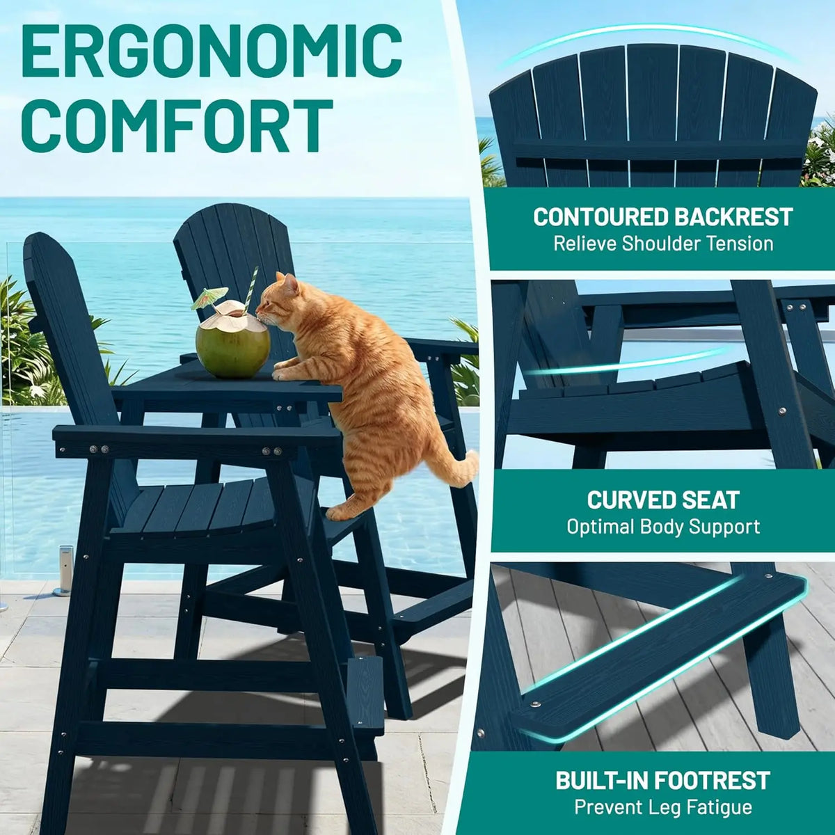 Tall Adirondack Chair Set HDPE All Weather Bar Height Double Connecting Tray Umbrella Hole Balcony Patio Backyard Navy, Custom