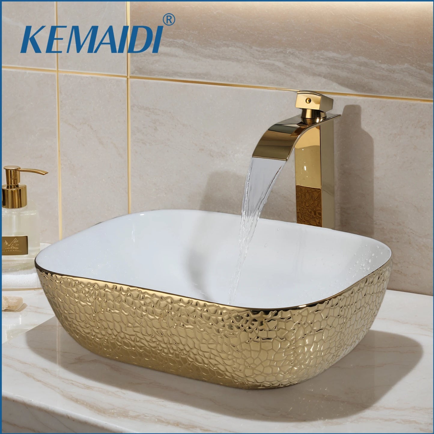KEMAIDI Gold Hammered Bathroom Vessel Sink Set, Luxury White & Gold Basin with Gold Faucet Combo, Above-Counter Vanity Sink Kit