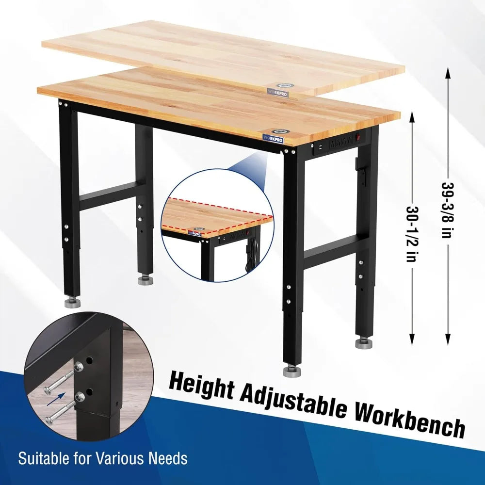 Garage Workbench, 48X22 Adjustable Workbench with Wheels and Leveling Foot, Rubber Wood Top Work Desk with Power Outlets