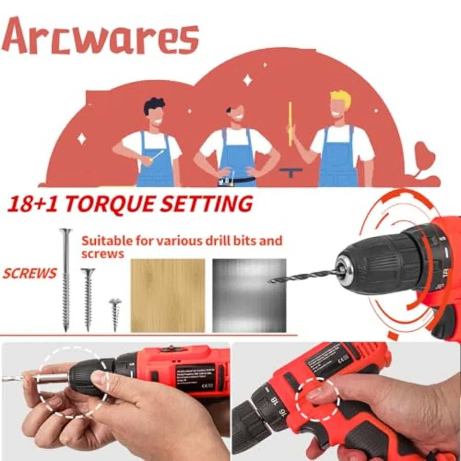346Pcs Tool Sets 18V Electric Power Drill Set for Men Household Home DIY Hand Tool Kits 18+1 Clutch Cordless Power Drill Set fo