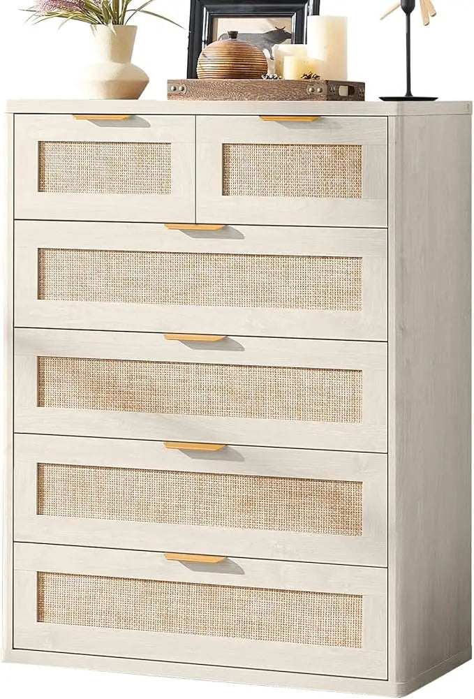 Rattan Dresser for Bedroom, 41" Tall Chest of Drawers, Modern 6 Drawers Boho Dressers with Storage, Light Oak Dresser,Customized