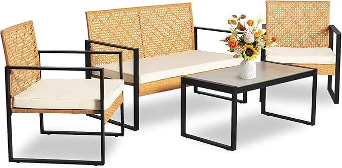4 Piece Outdoor Wicker Patio Conversation Furniture Set, Rattan Chair Wicker Sofa Garden Conversation Sets with Cushion and Gla