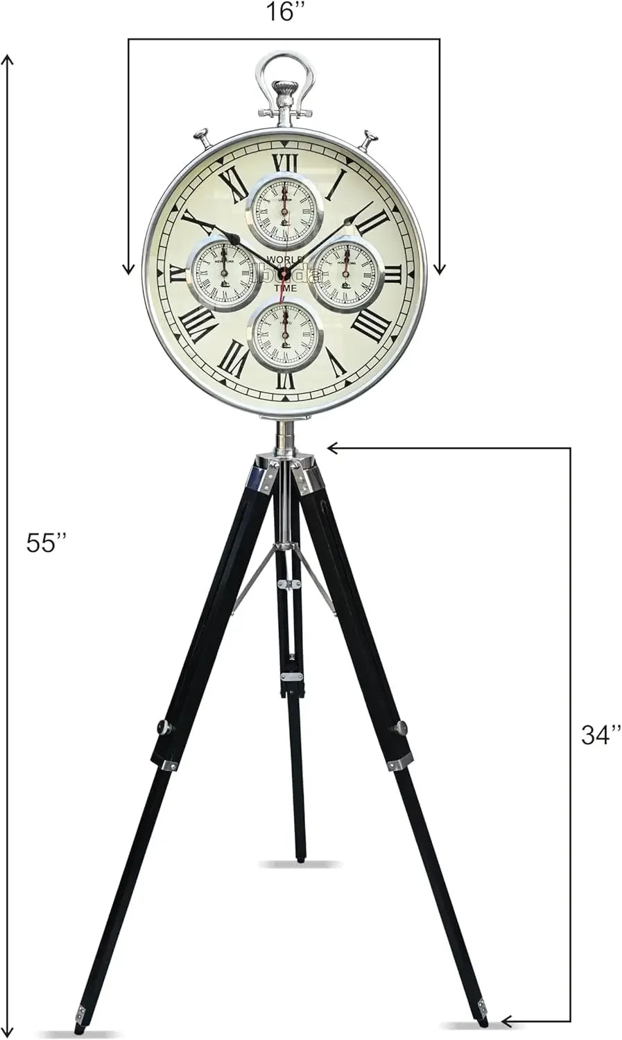 Vintage Tripod Floor Standing World Time Clock – Roman Numerals | Classic Metal Design | Home & Office Decor