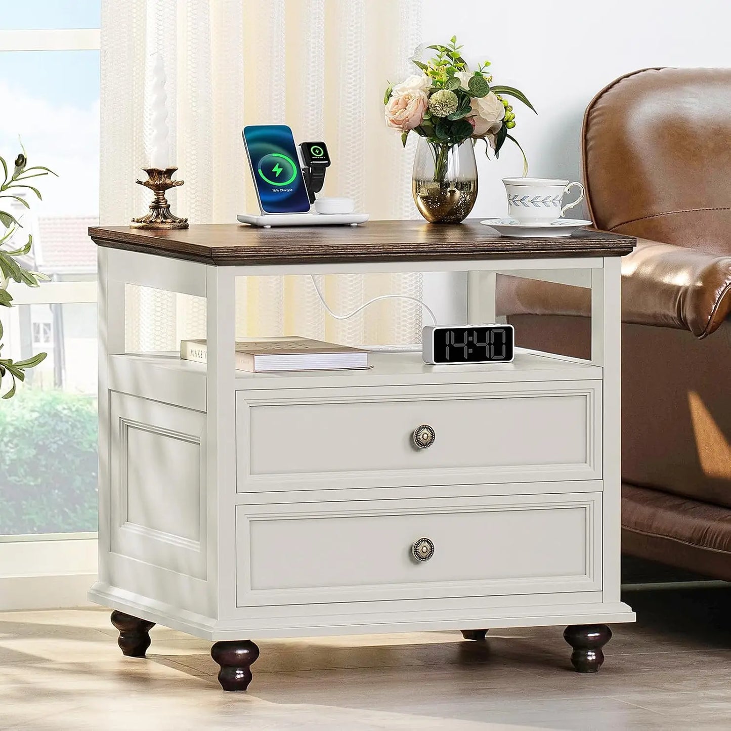 24" Wide Farmhouse Wood Nightstand Charging Station 2 Drawers Bedroom End Table, Custom