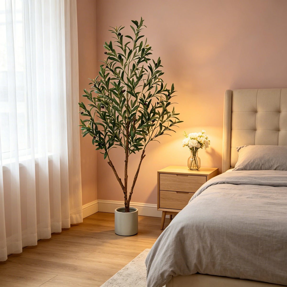 5/6/7ft Olive Trees Artificial Indoor Outdoor Faux Olive Tree with White Tall Planter, Artificial Plants with Natural Wood Trunk and Lifelike Fruits for Home Office Decor