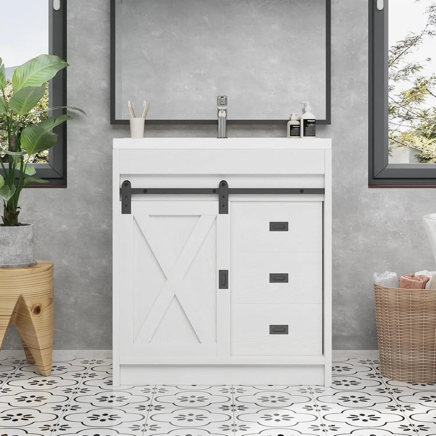 White Farmhouse Bathroom Vanity with Sink Small Vanity Cabinet Featuring 2 Drawers And Sliding Barn Door Customizable Design