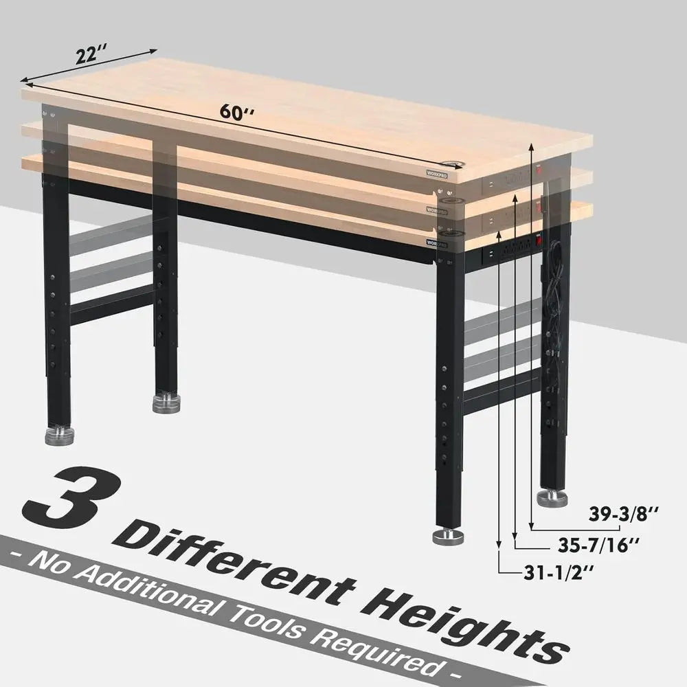 60 Heavy-Duty Adjustable Workbench with Rubber Wood Top, 2000 LB Load Capacity, Power Outlets for Workshop or Garage