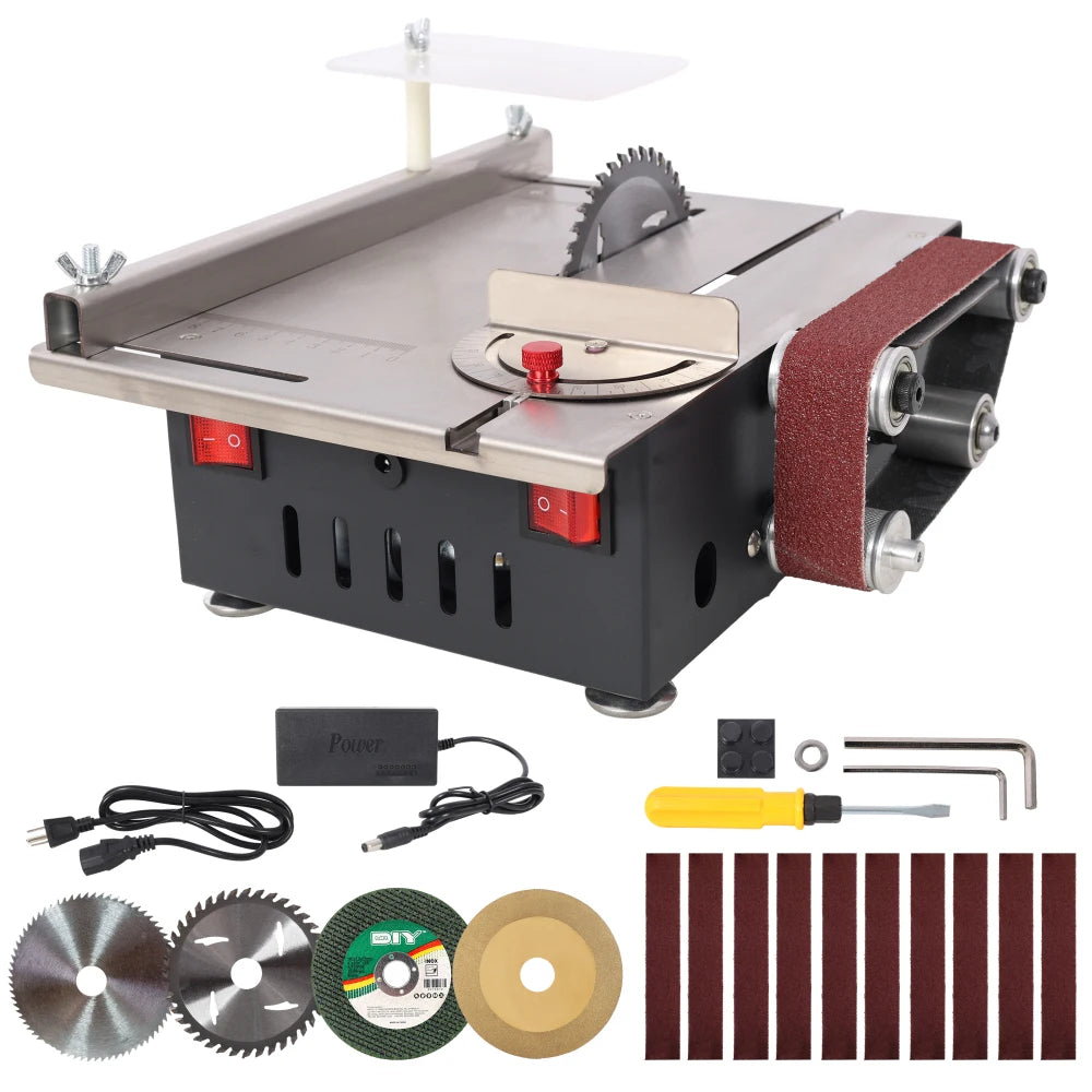 Mini Table Saw,Belt Sander, stainless steel top,4pcs Blades,10pcs Sanding Blet,7 Gear Adjustable 0-90° Angle, Available for Wood