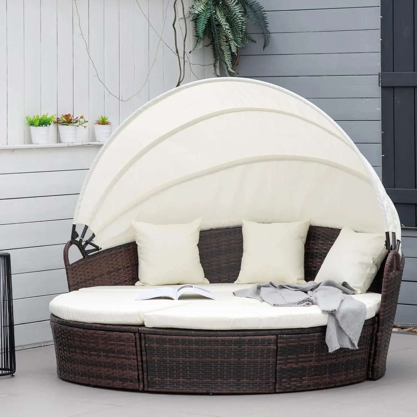4pc Round Convertible Daybed Cushions PE Rattan Patio Sofa Adjustable Canopy Sectional 2 Chairs Table 3 Pillows, Customized