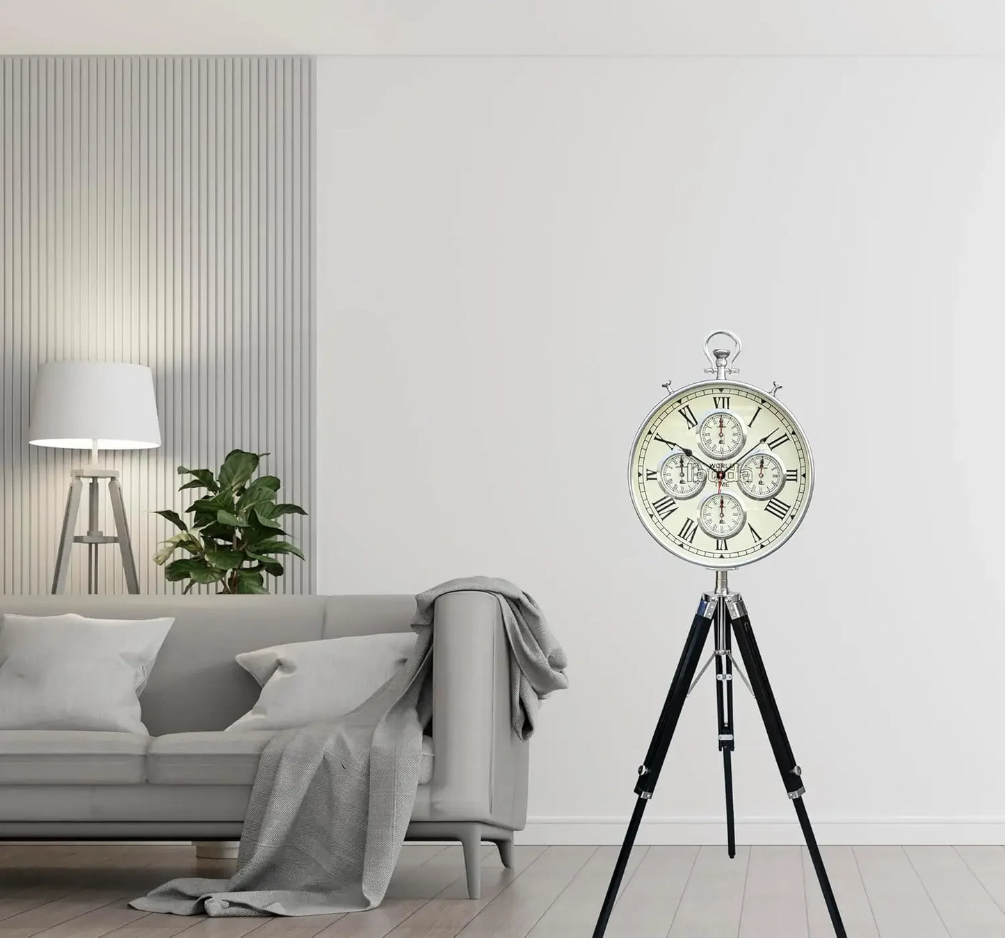 Vintage Tripod Floor Standing World Time Clock – Roman Numerals | Classic Metal Design | Home & Office Decor