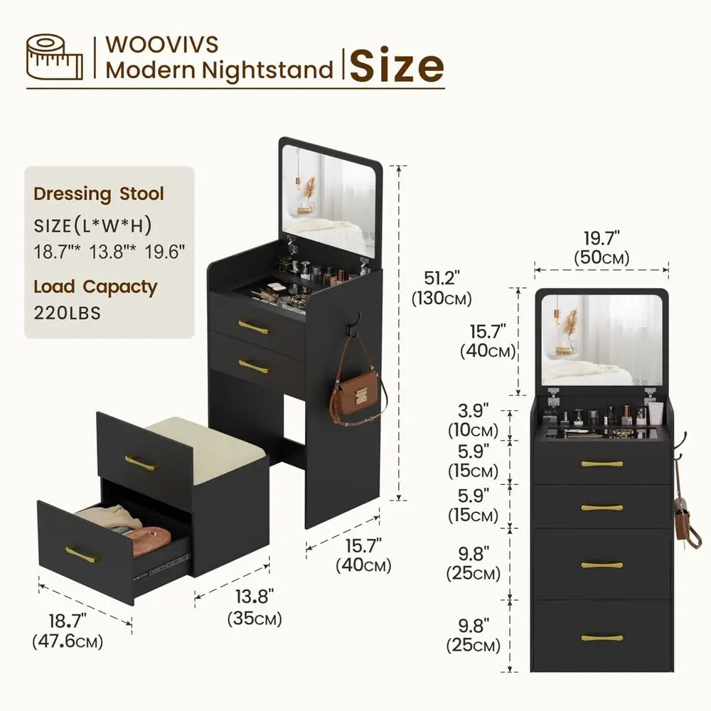 3-in-1 Vanity Desk with Lip Mirror, Makeup Desk with Drawers and Stool, Compact Desk for Bedroom, Multi-Function Dresser for Wom