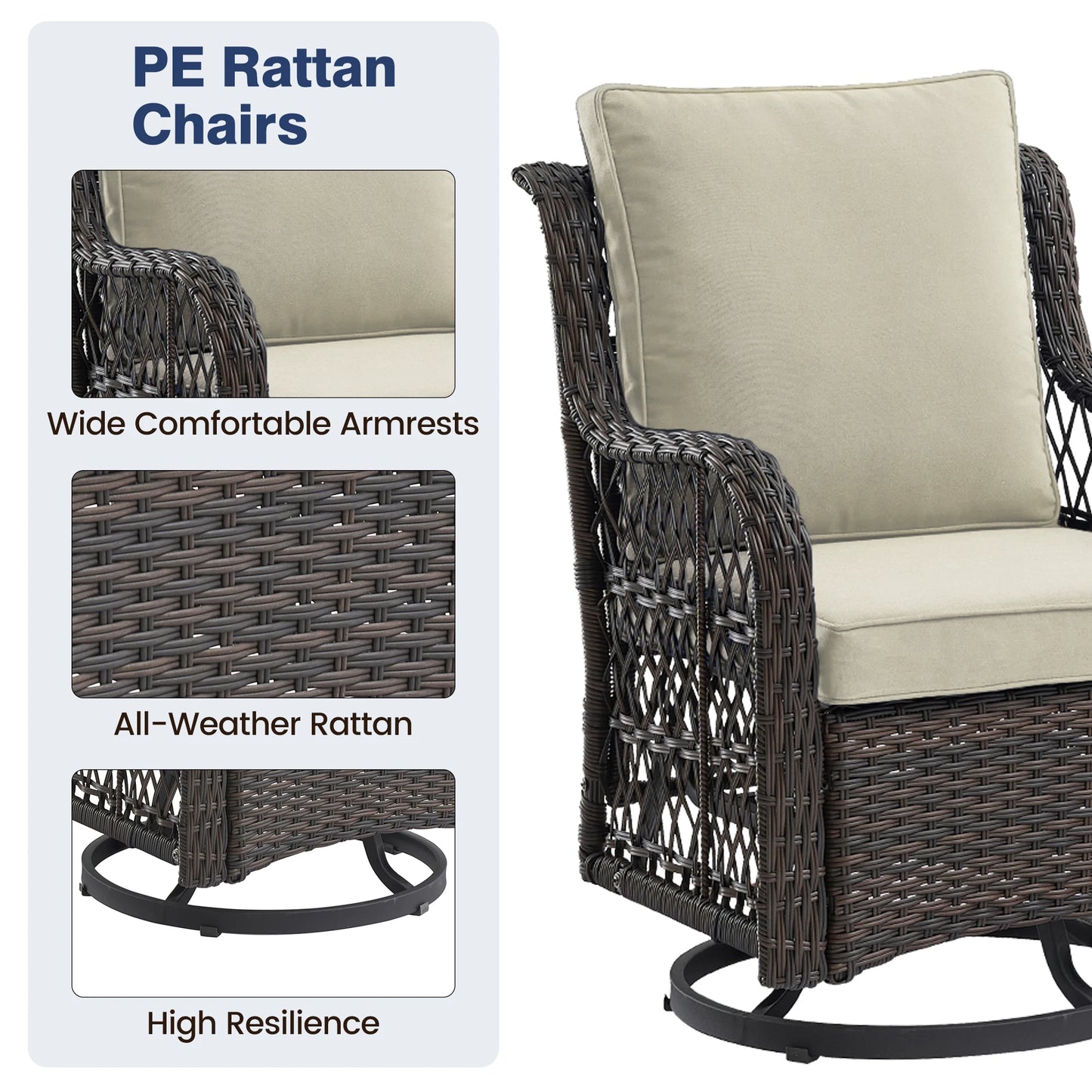 3 Pieces Outdoor Wicker Swivel Chair Set, Swivel Rocking Chairs Set of 2 with Rattan Side Table, 360-Degree Swivel Rocking Chair