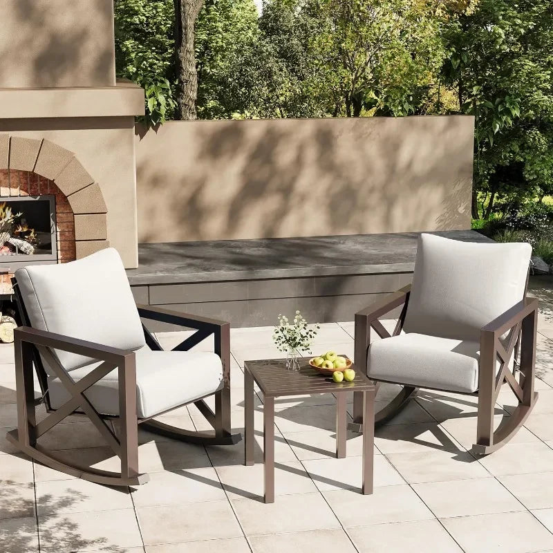 UDPATIO Rocking Chair Outdoor Set 2 with Coffee Table, 3 Piece Metal Rocking Bistro Set with 6.5" Water-Resistant Cushions