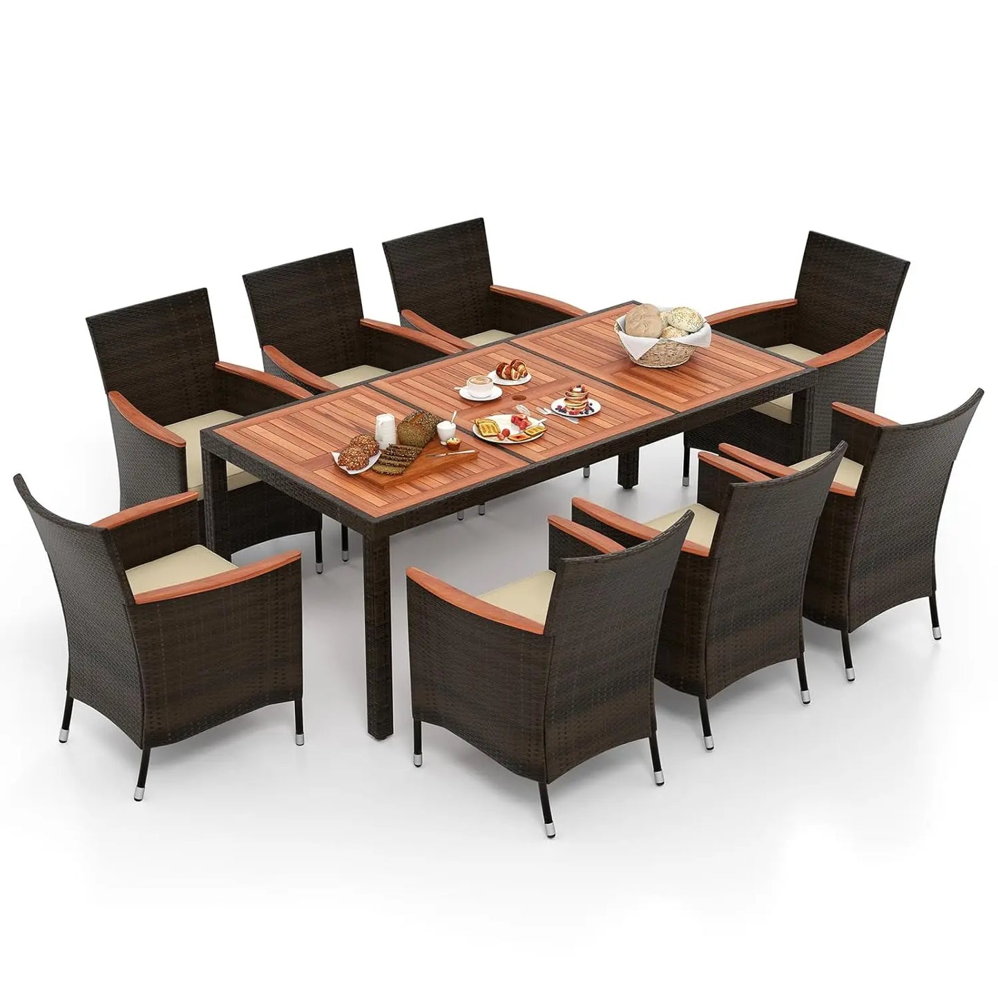 75"x36" Acacia Wood Patio Dining Table Set with PE Rattan Chairs Umbrella Hole Deck Backyard Customized