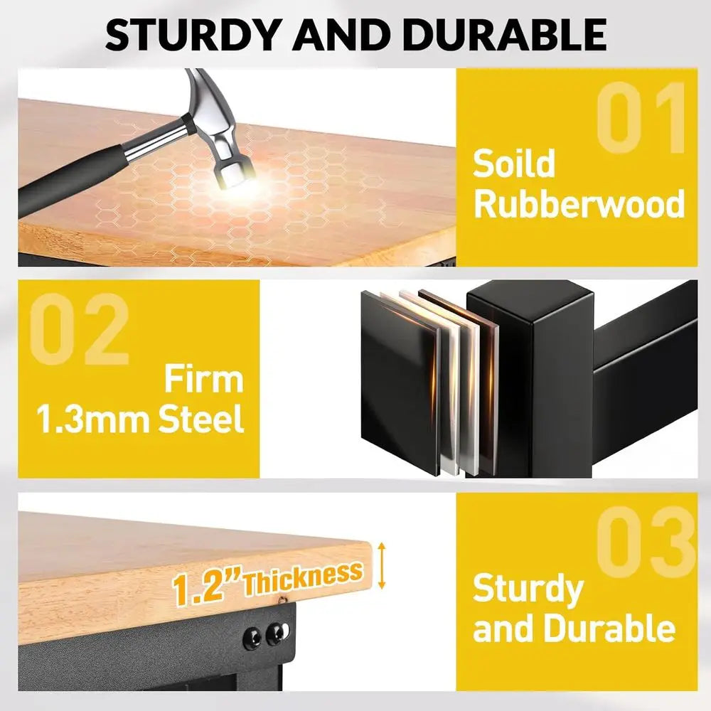 60 Adjustable Height Heavy-Duty Workbench, 2000 lbs Capacity, Rubberwood Construction, Black Steel Frame
