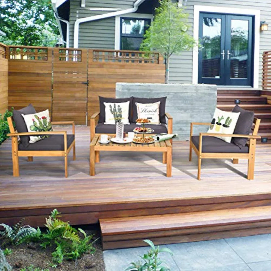 Outdoor 4-Piece Acacia Wood Chat Set 4 Seater Acacia Wood Conversation Sofa and Table Set with Waterproof Furniture Co