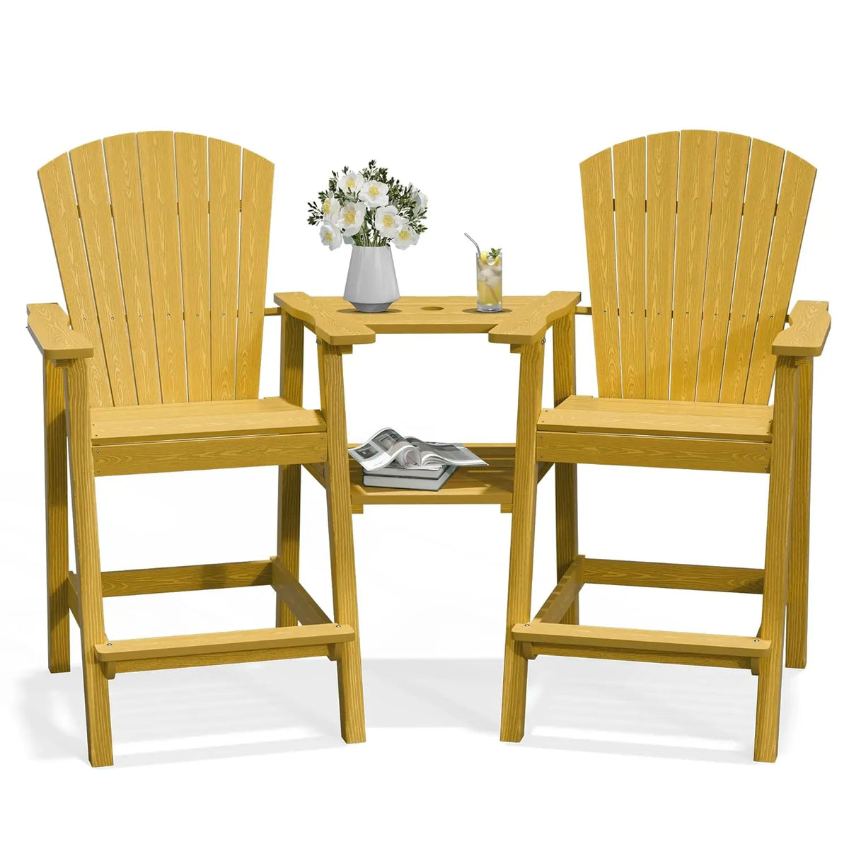 Tall Adirondack Chair Set HDPE All Weather Bar Height Double Connecting Tray Umbrella Hole Balcony Patio Backyard Navy, Custom